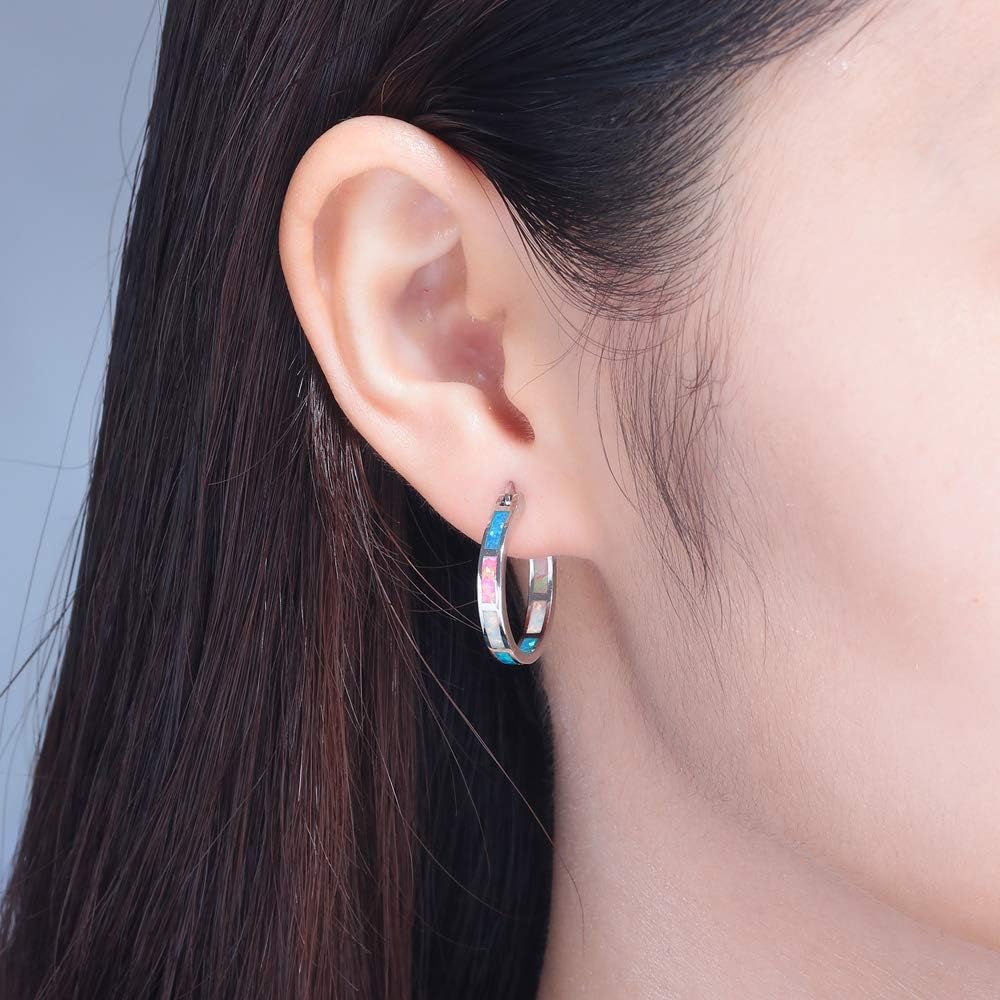 Sterling Silver/Rose Gold/Yellow Gold Plated Hoop Earrings 20Mm,Multicolor Opal Small Hoop Earrings for Women Girls Hypoallergenic Jewelry for Sensitive Ears Gemstone Earrings