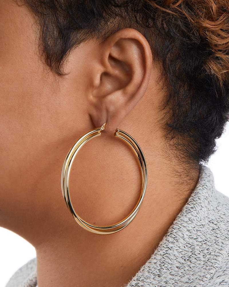 Twist Earrings - Gold Twisted Hoop Earrings & Thick Silver Hoop Earrings for Women - Big Chunky Gold Statement Earrings (Crossover / 14K Gold Plated / 60 Mm - 2.4 In)