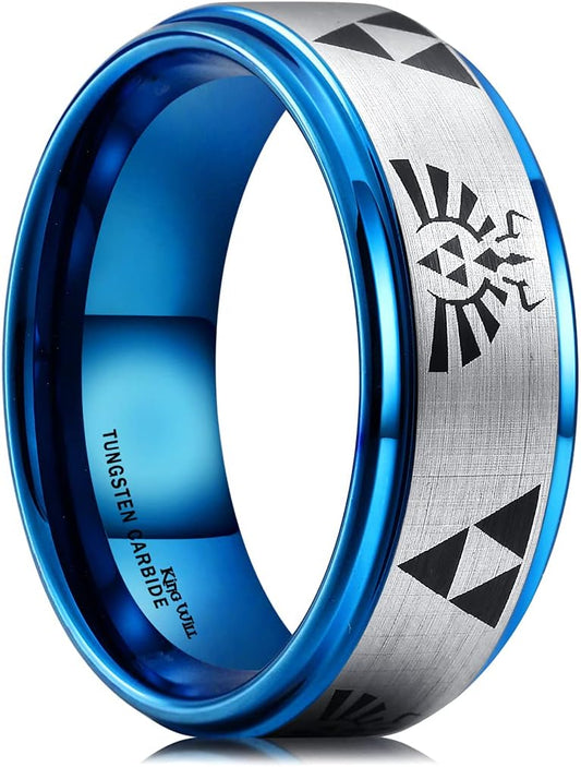 8Mm Mens Black/Blue Tungsten Carbide Wedding Ring Game-Themed Laser Pattern Ring Matte Finished Plated Stepped Beveled Edges