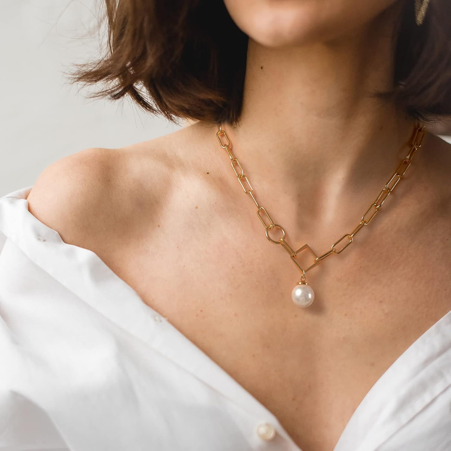 Single Pearl Pendant Necklace for Women, 16K Gold Plated Paperclip Chain Necklace
