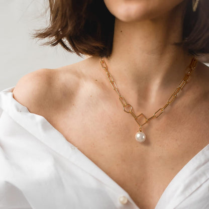 Single Pearl Pendant Necklace for Women, 16K Gold Plated Paperclip Chain Necklace