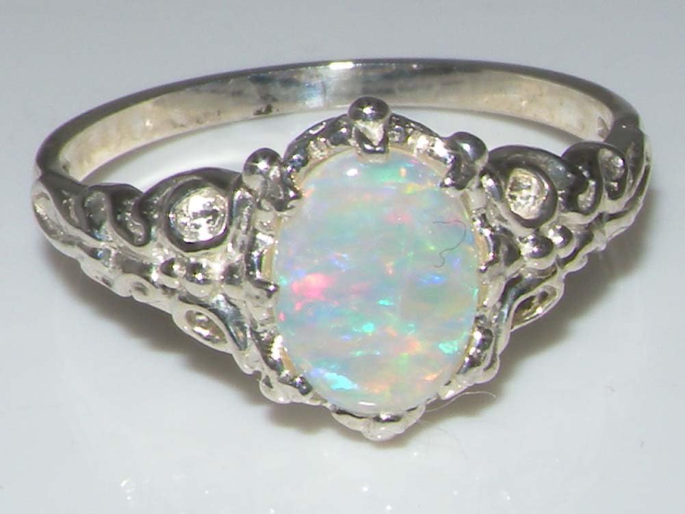 925 Sterling Silver Real Genuine Opal Womens Band Ring