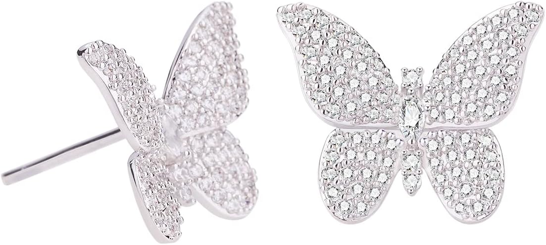 ANN BABIC CZ Butterfly Stud Earrings for Women - Cubic Zirconia Paved Butterfly Earrings - Butterfly Earrings Plated in Gold