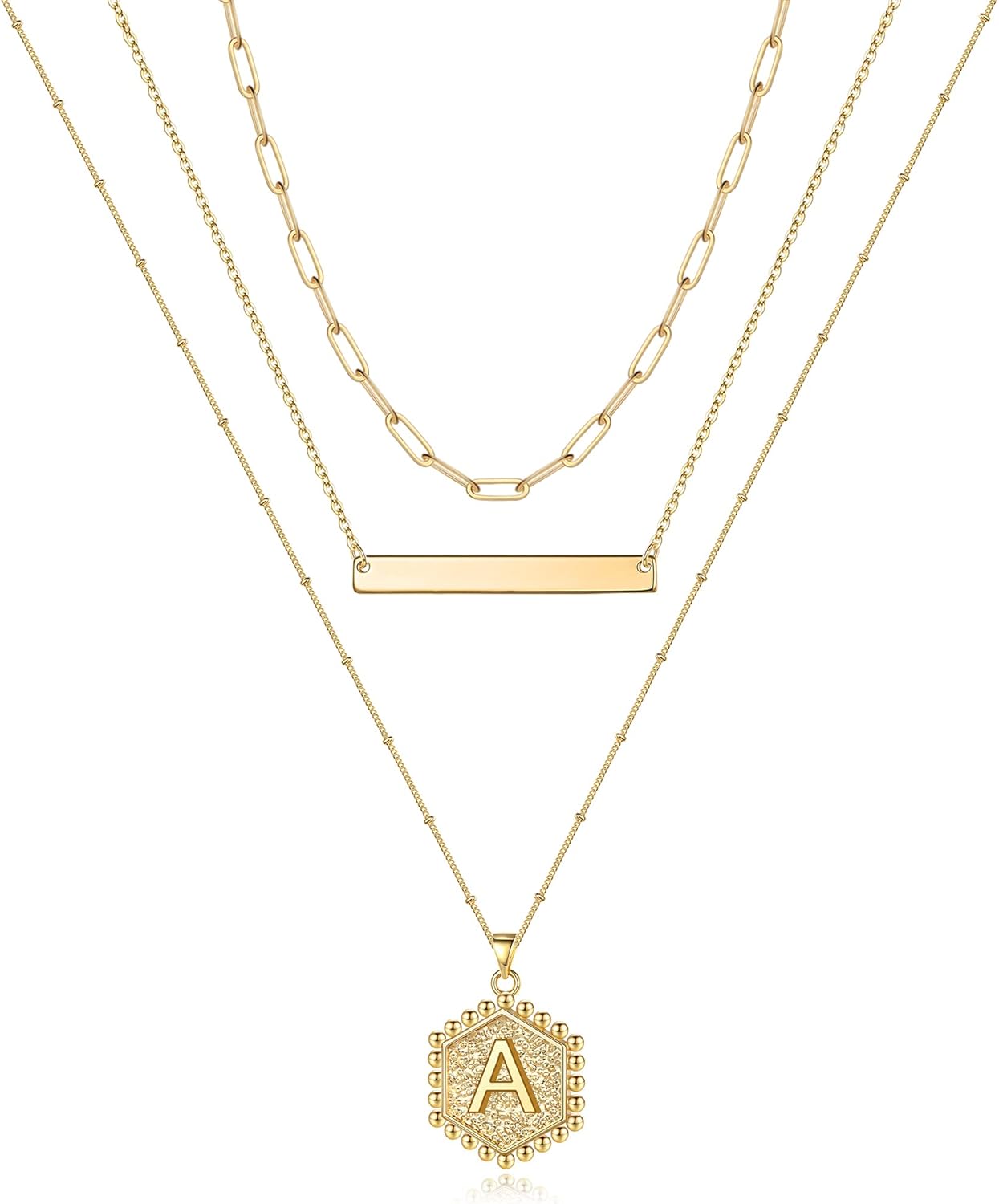 Gold Layered Initial Necklaces for Women, 14K Gold Plated Bar Necklace Handmade Layering Hexagon Letter Pendant Beads Chain Necklace Layered Necklaces for Women Gold Jewelry Gifts