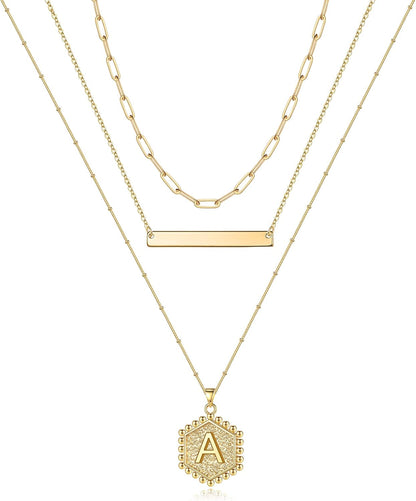 Gold Layered Initial Necklaces for Women, 14K Gold Plated Bar Necklace Handmade Layering Hexagon Letter Pendant Beads Chain Necklace Layered Necklaces for Women Gold Jewelry Gifts