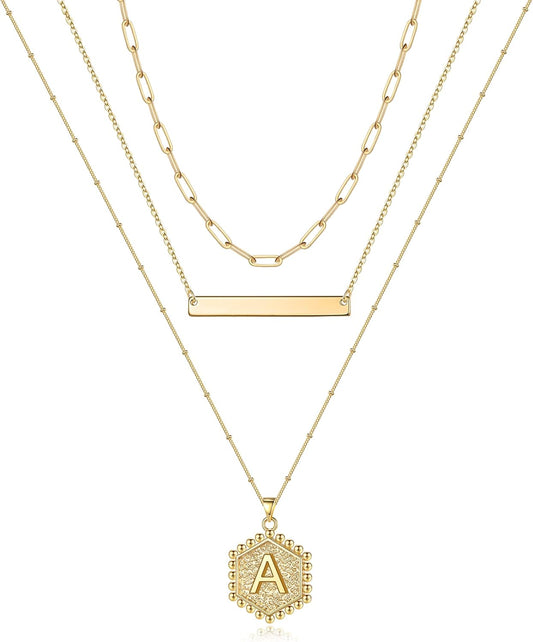 Gold Layered Initial Necklaces for Women, 14K Gold Plated Bar Necklace Handmade Layering Hexagon Letter Pendant Beads Chain Necklace Layered Necklaces for Women Gold Jewelry Gifts