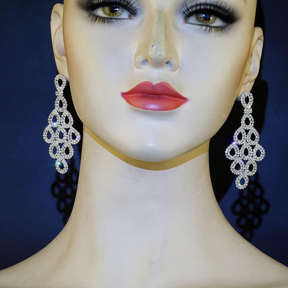Silver Teardrop Crystal Long Tassels Dangle Earrings Sparkling Rhinestone Ladies Gifts