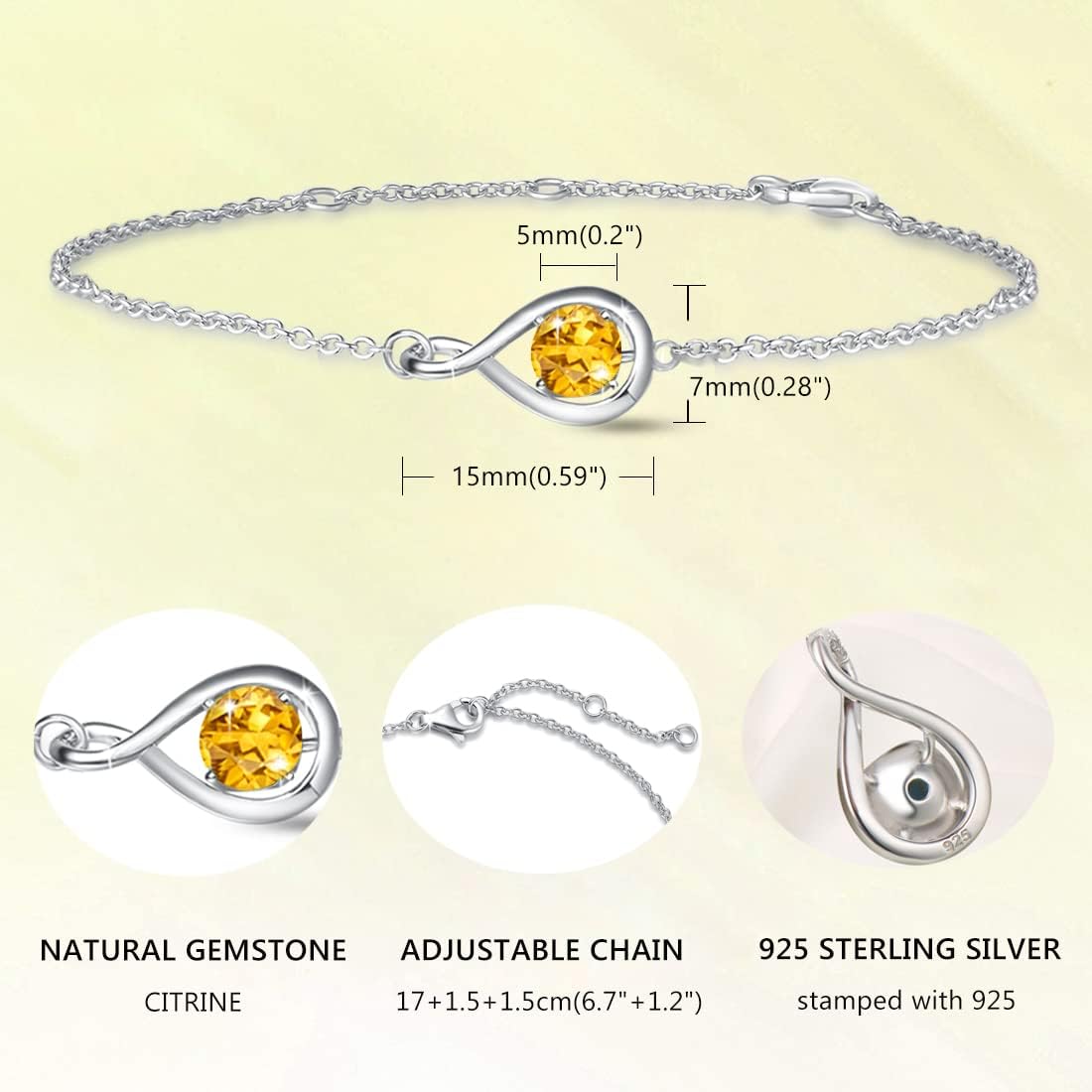 Love Bracelet 925 Sterling Silver Infinity Birthstone Bracelets for Women Fine Jewelry Birthday Christmas Gifts for Her Mom Wife, Chain Length 6.7"+1.2" Extend