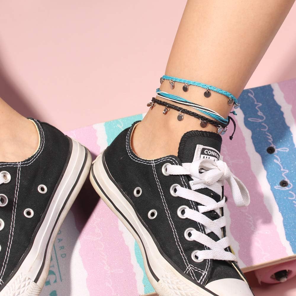 String Ankle Bracelets Waterproof Rope Anklets Braided Beach Boho Coin Anklets Cute Friendship Foot Jewelry for Women