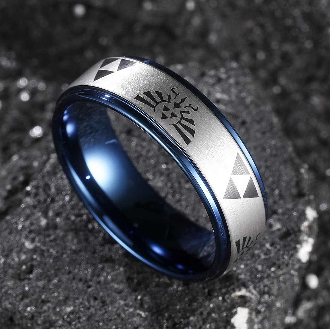 8Mm Mens Black/Blue Tungsten Carbide Wedding Ring Game-Themed Laser Pattern Ring Matte Finished Plated Stepped Beveled Edges