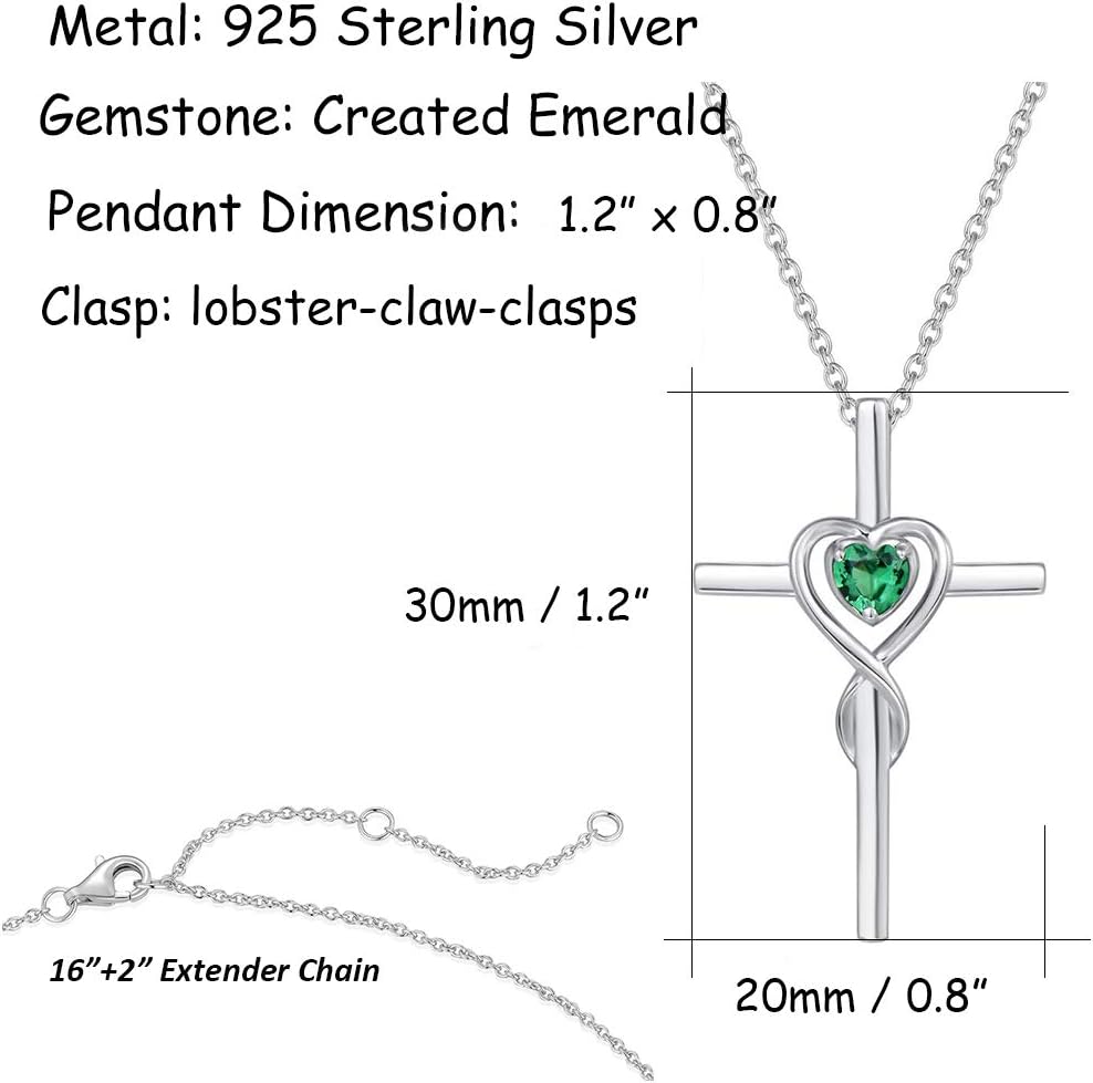 Birthstone Cross Necklace for Women Birthstone Necklace Heart Infinity Cross Pendant Necklace Fine Jewelry Christmas Birthday Holiday Gifts for Her, 16"+2" Inches