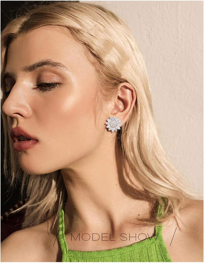 Crystal Flower Burst Stud Earirings - Big Sterling Silver CZ Cubic Zirconia Rhinestone Daisy Sunflower Floral Cluster Studs Bridal Wedding Party Prom Costume Jewelry for Bride Bridesmaids Women Birthstone Birthday Gift