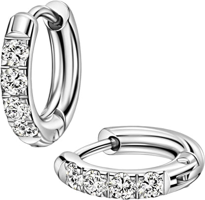 316L Surgical Stainless Steel Huggie Hoop Earrings with Cubic Zirconia, 10G 12G 14G 8-20Mm Cartilage Lobe Earrings, 14G Piercing Jewelry
