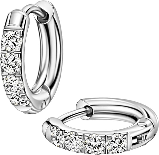 316L Surgical Stainless Steel Huggie Hoop Earrings with Cubic Zirconia, 10G 12G 14G 8-20Mm Cartilage Lobe Earrings, 14G Piercing Jewelry