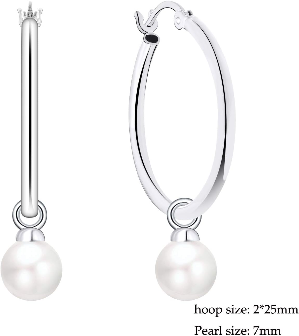 925 Sterling Silver Hoop Earrings with Simulated Danlge Pearl(White/Black)