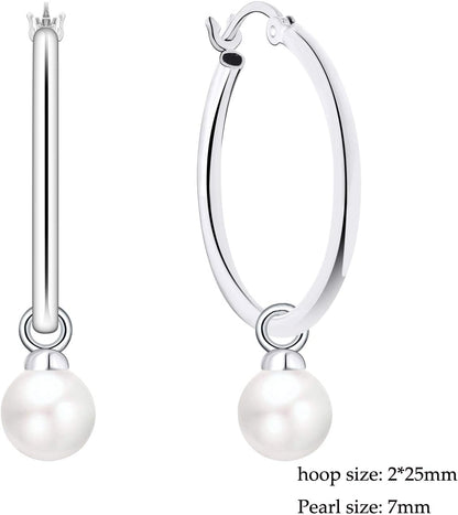 925 Sterling Silver Hoop Earrings with Simulated Danlge Pearl(White/Black)