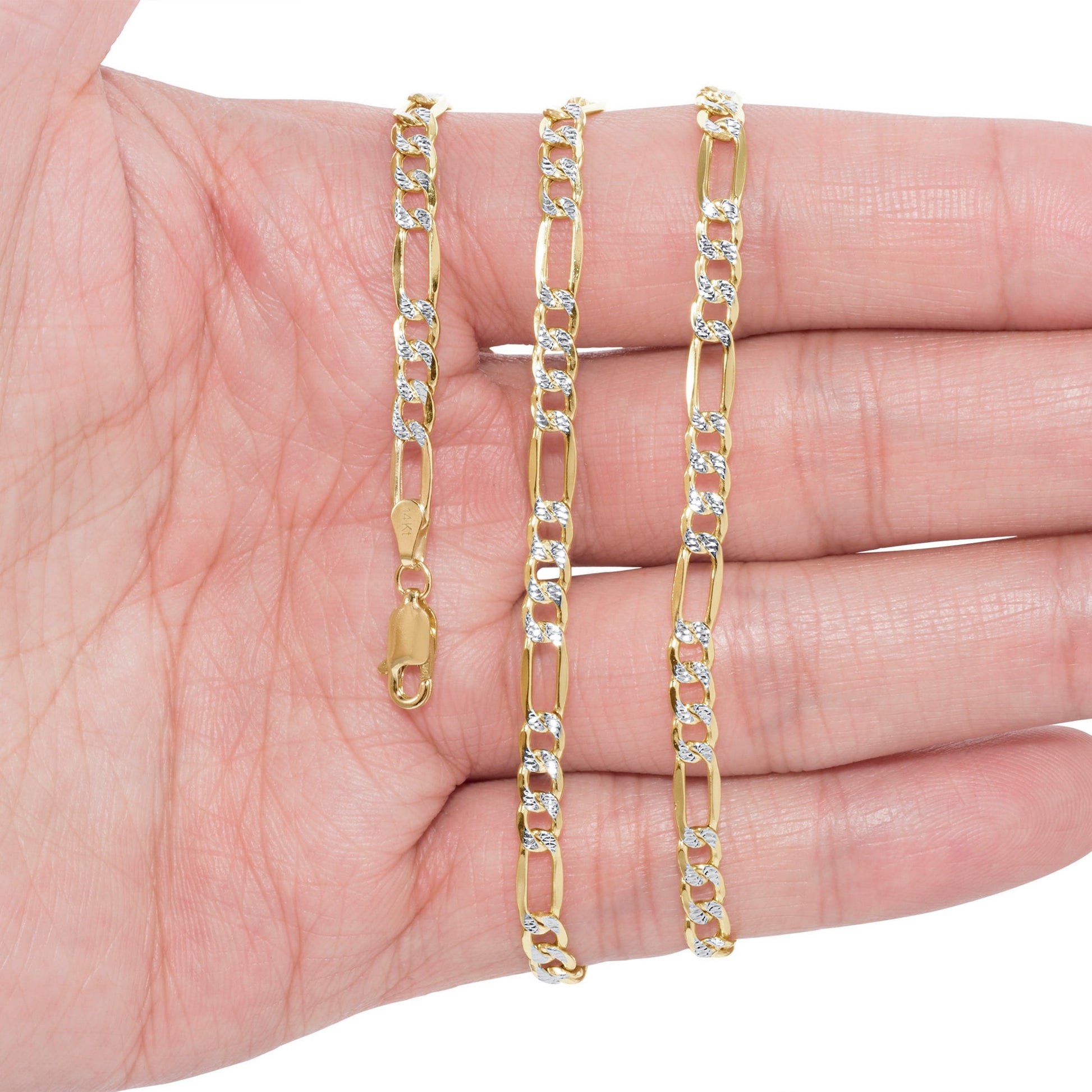 14K Real Yellow Gold Figaro Link 4.5Mm Diamond Cut Pave Chain Bracelet (7"-9") Two Tone Italian Jewelry for Men & Women