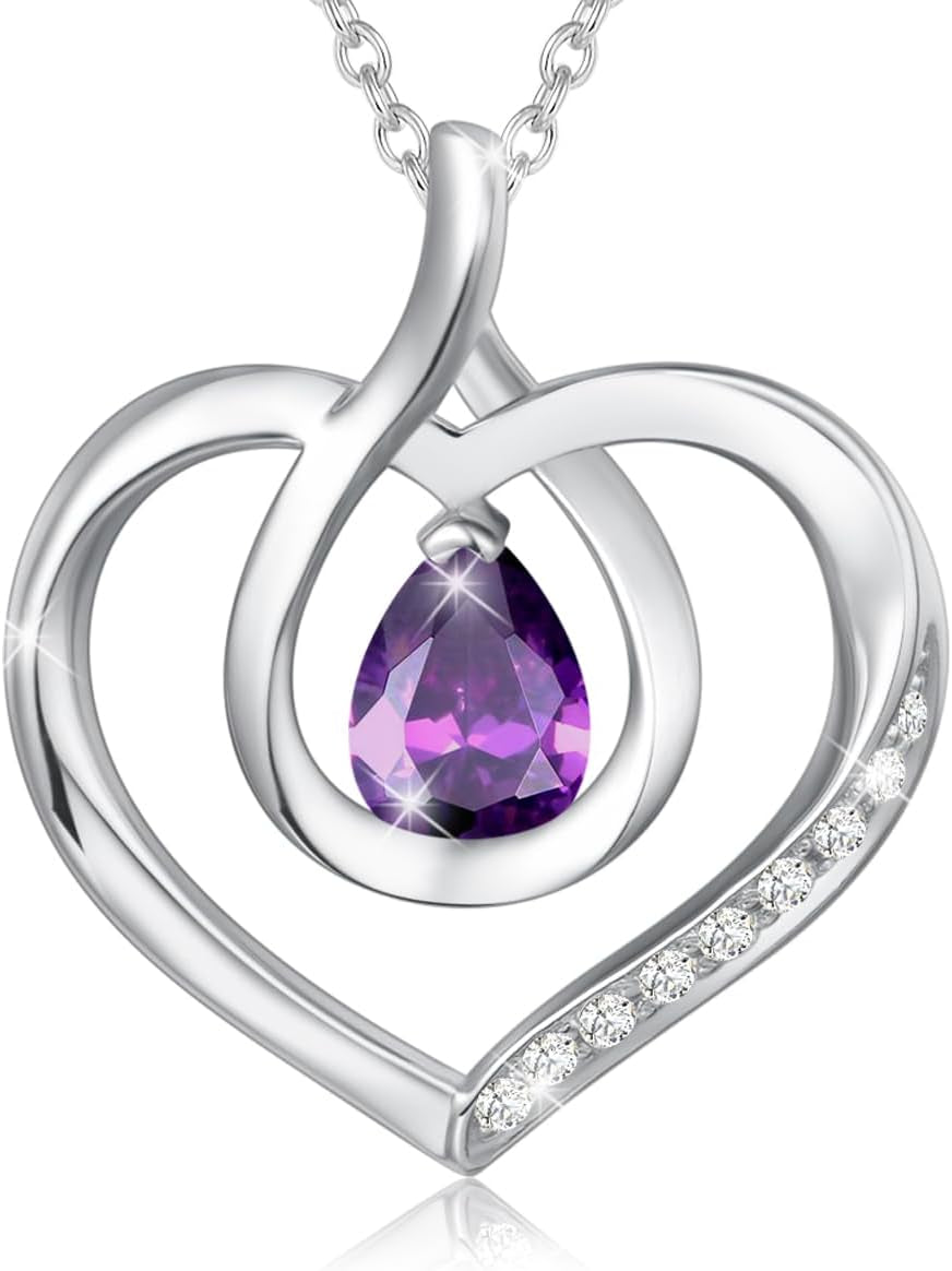Heart Birthstone Necklace for Women Sterling Silver Genuine or Created Gemstone Forever Love Pendant Necklace Fine Jewelry Anniversary Birthday Gifts for Women Mom Wife