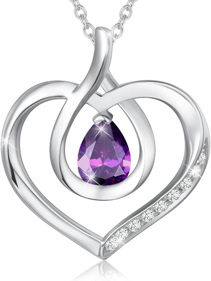 Heart Birthstone Necklace for Women Sterling Silver Genuine or Created Gemstone Forever Love Pendant Necklace Fine Jewelry Anniversary Birthday Gifts for Women Mom Wife