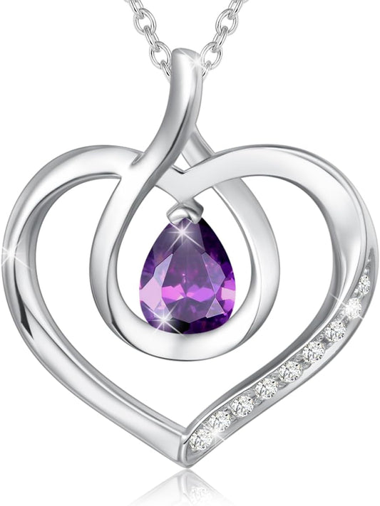 Heart Birthstone Necklace for Women Sterling Silver Genuine or Created Gemstone Forever Love Pendant Necklace Fine Jewelry Anniversary Birthday Gifts for Women Mom Wife
