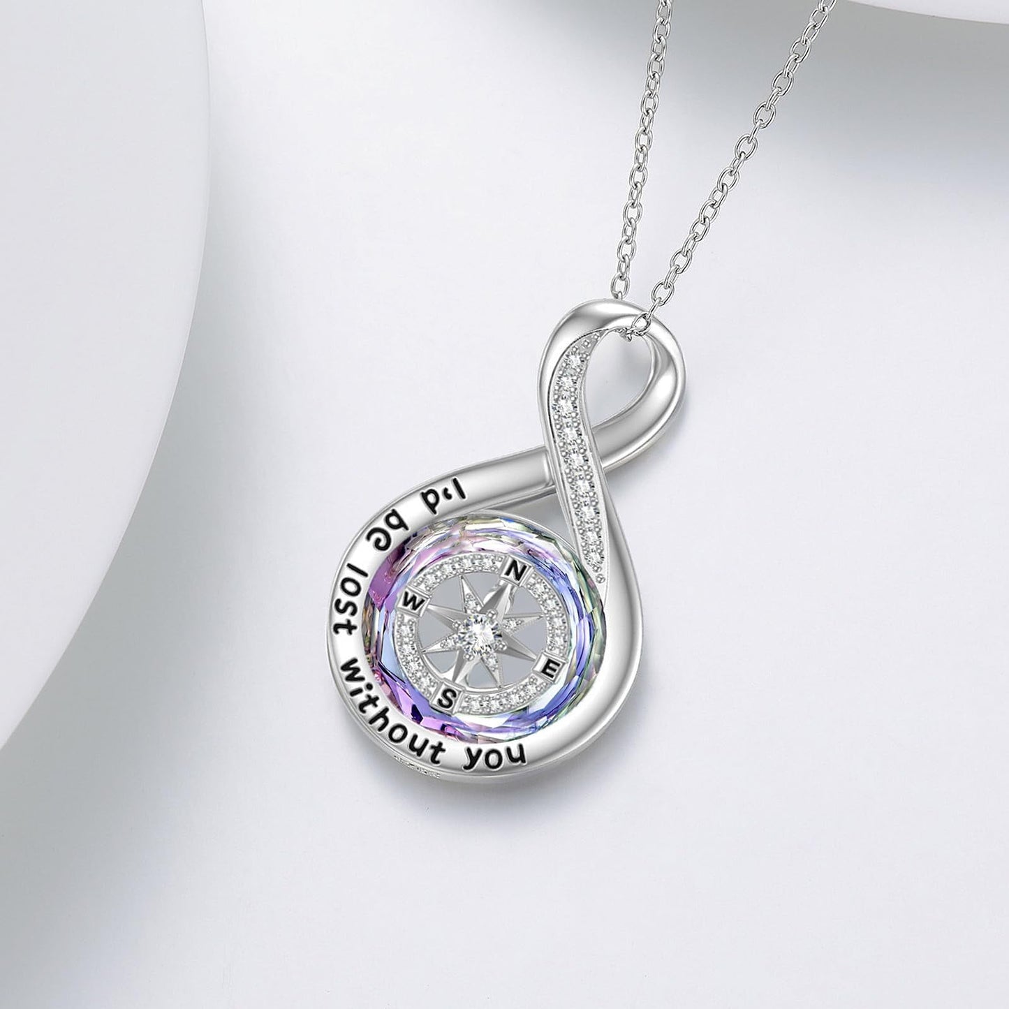 Graduation Gifts I'D Be Lost without You Compass Necklace for Women Sterling Silver Infinity Necklace with Purple Crystal Jewelry Birthday Gifts for Women