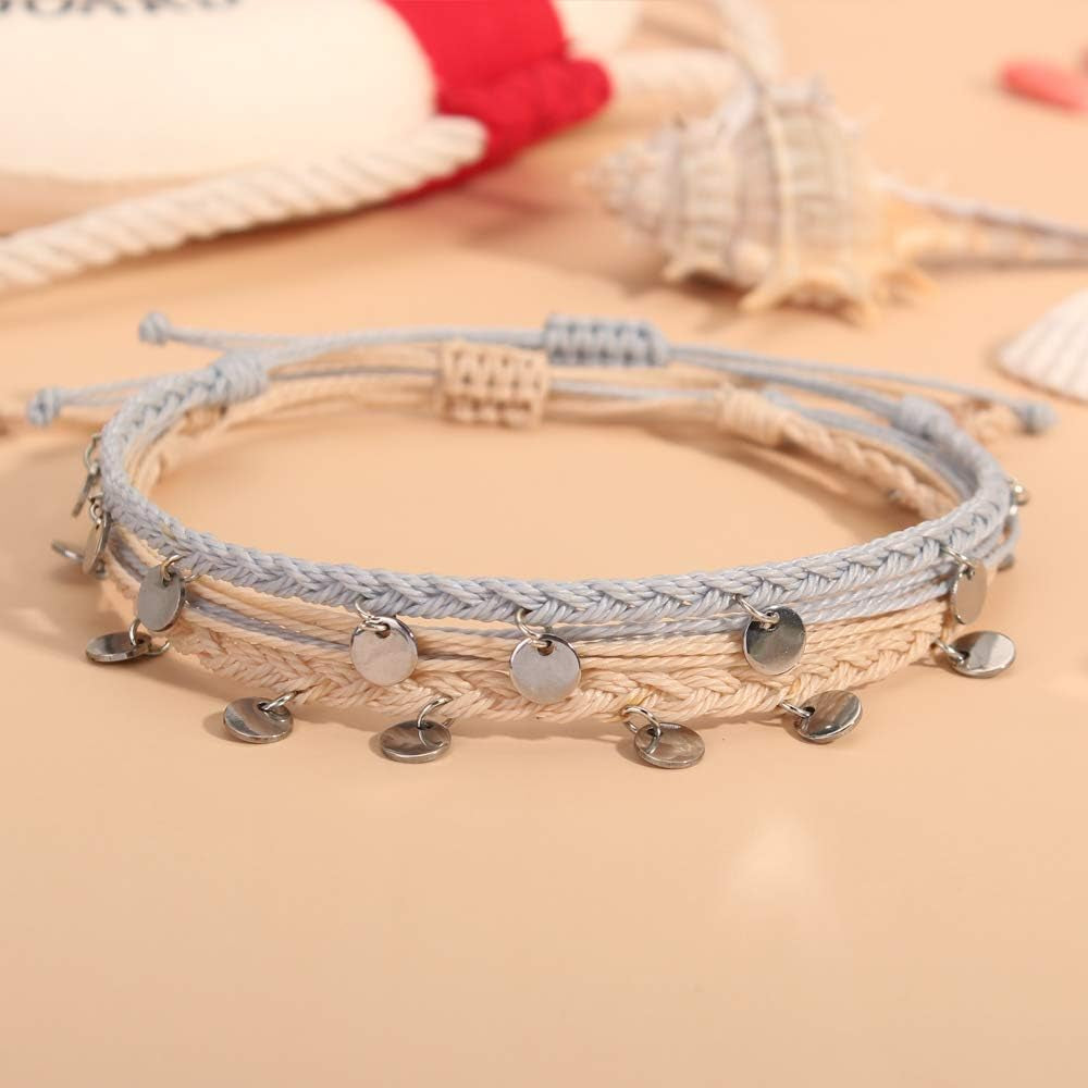 String Ankle Bracelets Waterproof Rope Anklets Braided Beach Boho Coin Anklets Cute Friendship Foot Jewelry for Women