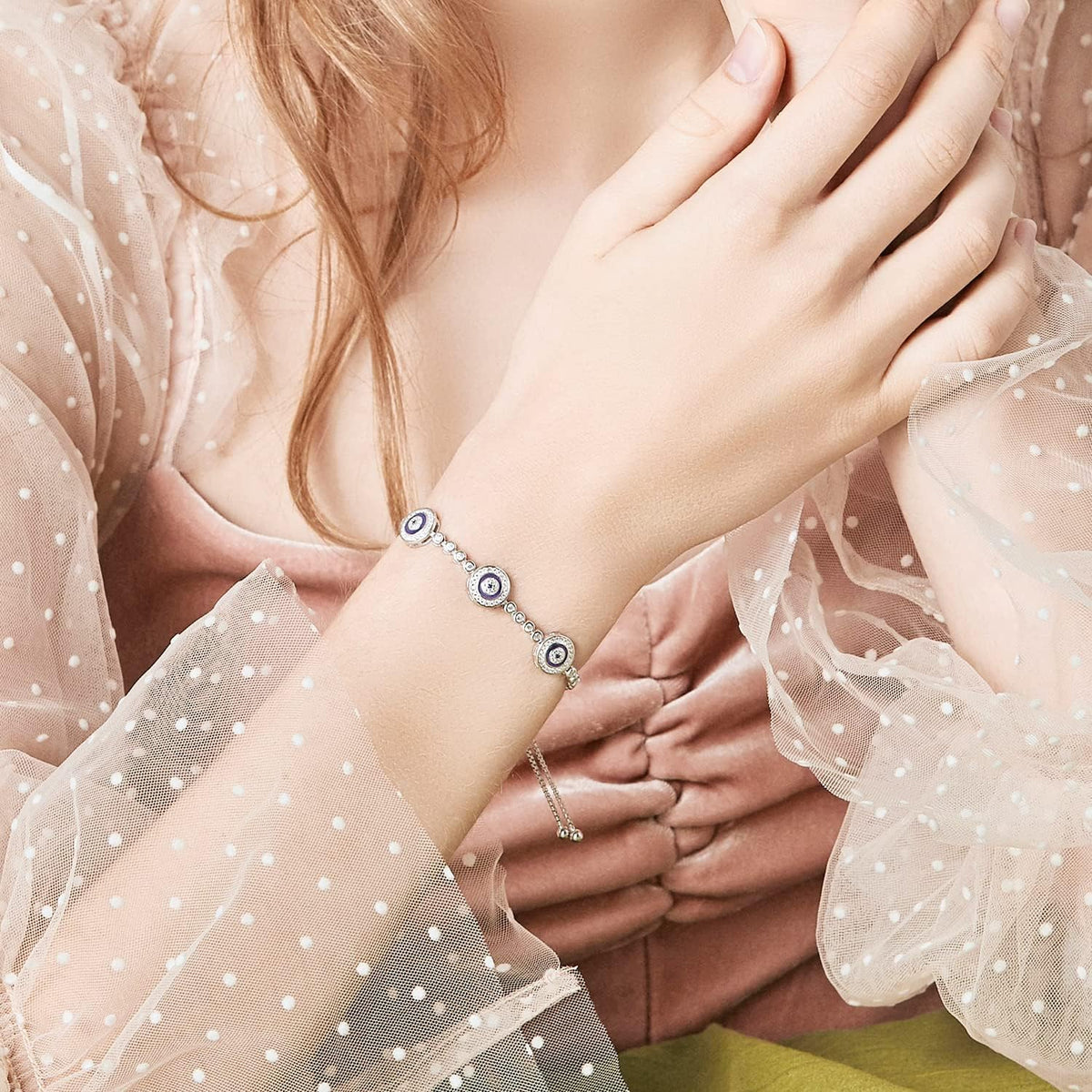 Women Evil Eye Protection Bracelets 925 Sterling Silver White Gold Plated Adjustable Bracelets
