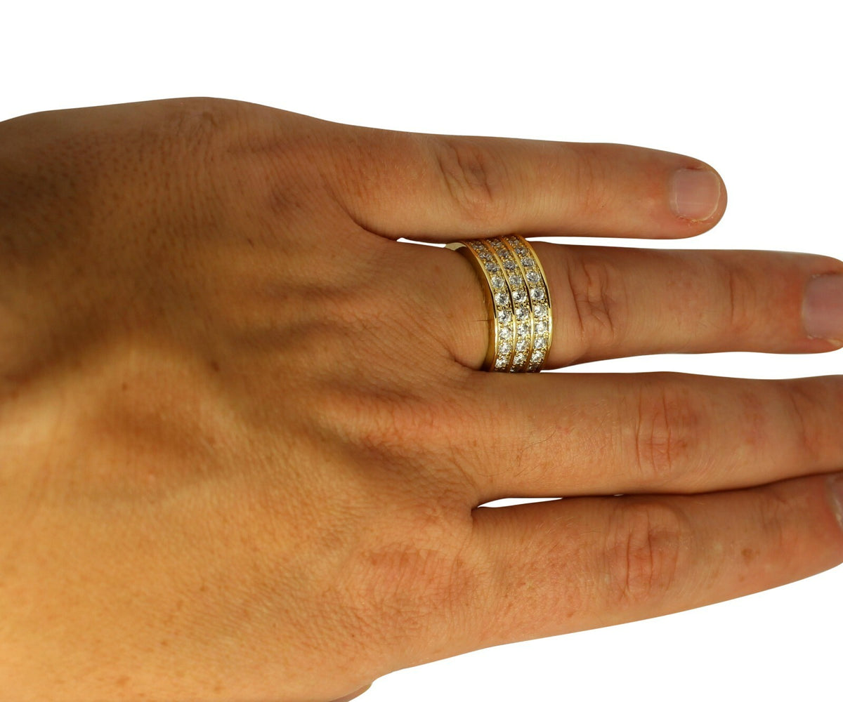 Mens 3 Row Engagement Band 14K Gold Plated Icy Cubic Zirconia Promise Ring