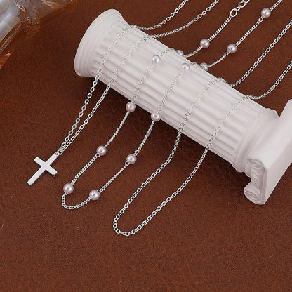 Layered Cross Necklace for Women Dainty Classic Fashionable Pearl Cross Pendant Layered Necklace Weddings Graduations Days Travel Gifts