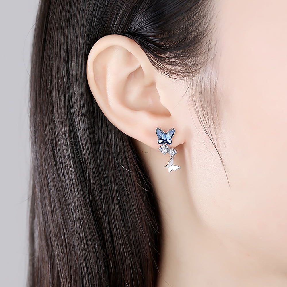Butterfly Drop Earrings for Women Blue Crystal Sterling Silver