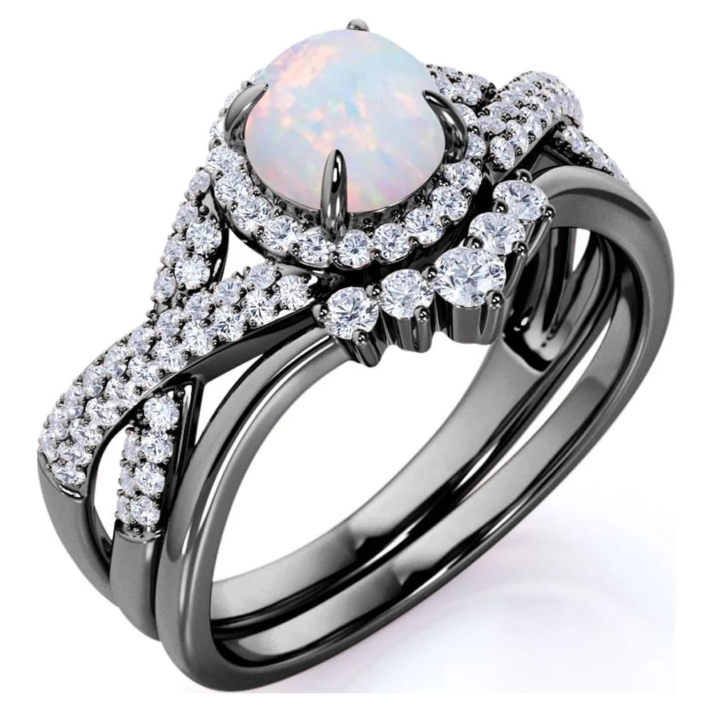 1.15 Carat Vintage round Cut Blue Lab Created Opal and Moissanite Wedding Ring Set in 18K Black Gold over Silver