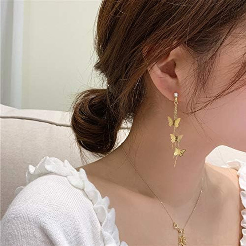 18K Gold Plated Dainty Vivid Butterfly Tassel Earrings Silver Post CZ 3D Butterfly Drop Dangle Earrings Fairy Earrings for Women Girls