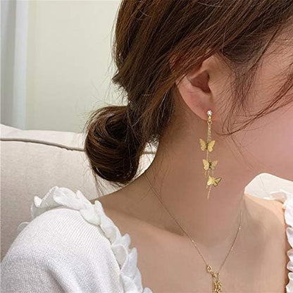 18K Gold Plated Dainty Vivid Butterfly Tassel Earrings Silver Post CZ 3D Butterfly Drop Dangle Earrings Fairy Earrings for Women Girls