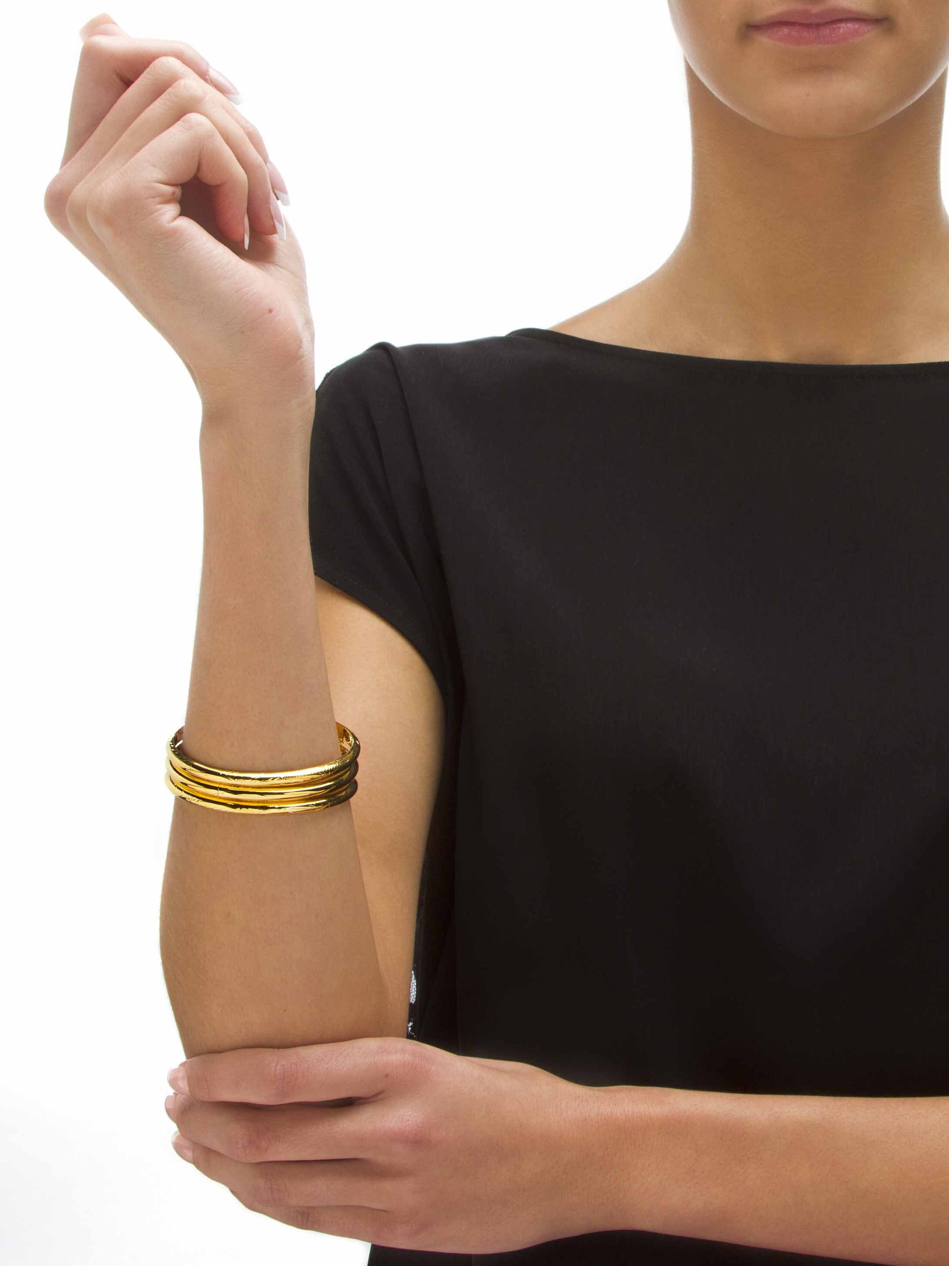 Polished, Engraved and Floral Three-Piece Bangle Set in Yellow Gold-Plated or Sterling Silver