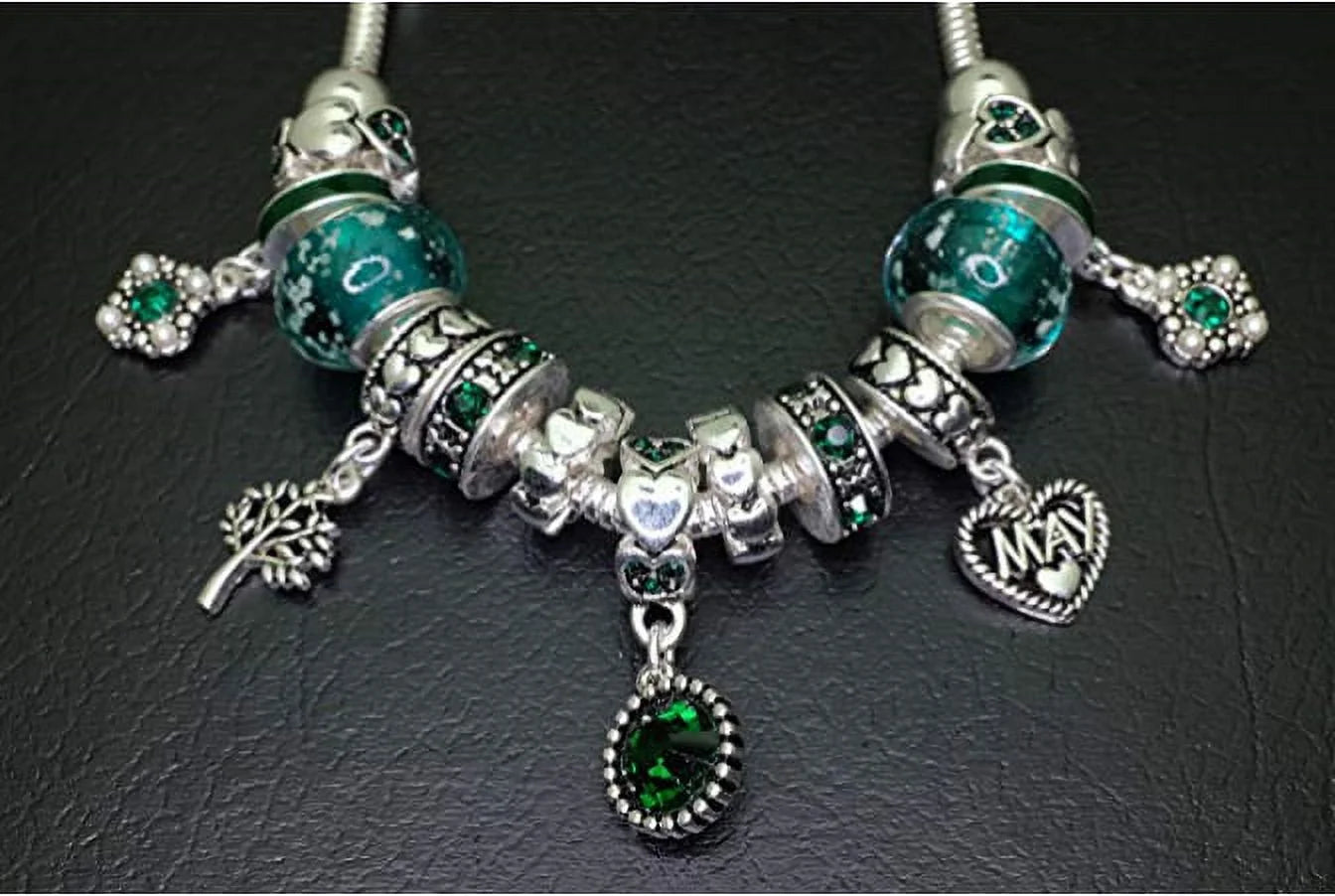 Birthstone Bracelet Multi-Color Charm Beads Silvertone