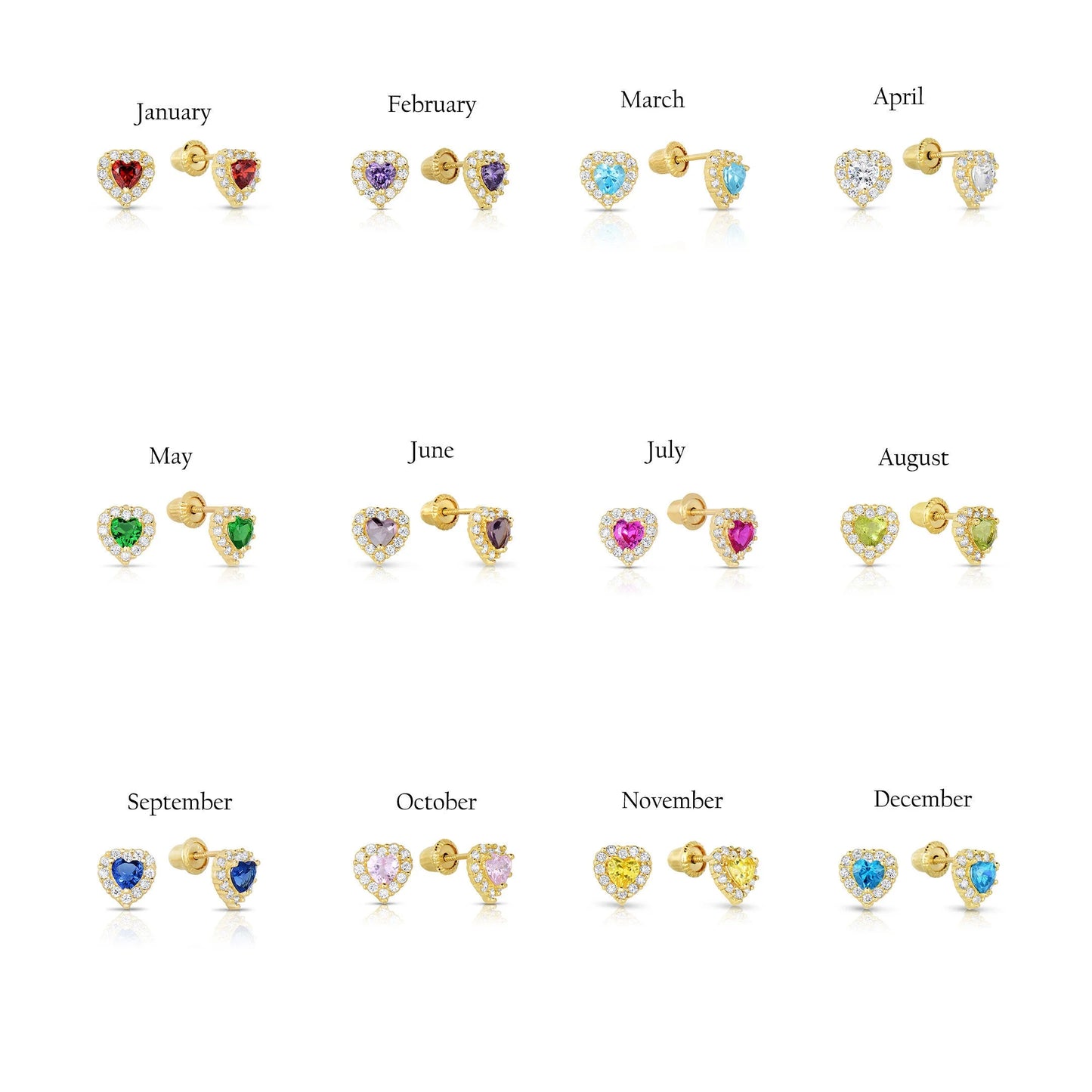 14K Yellow Gold Tiny Heart Halo Stud Post Earrings with Cubic Zirconia CZ Birthstone | Secure Screw-Backs | April | Women & Unisex