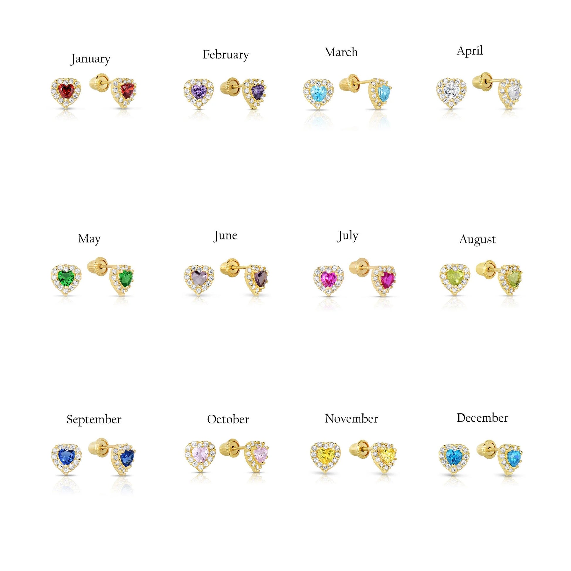 14K Yellow Gold Tiny Heart Halo Stud Post Earrings with Cubic Zirconia CZ Birthstone | Secure Screw-Backs | April | Women & Unisex
