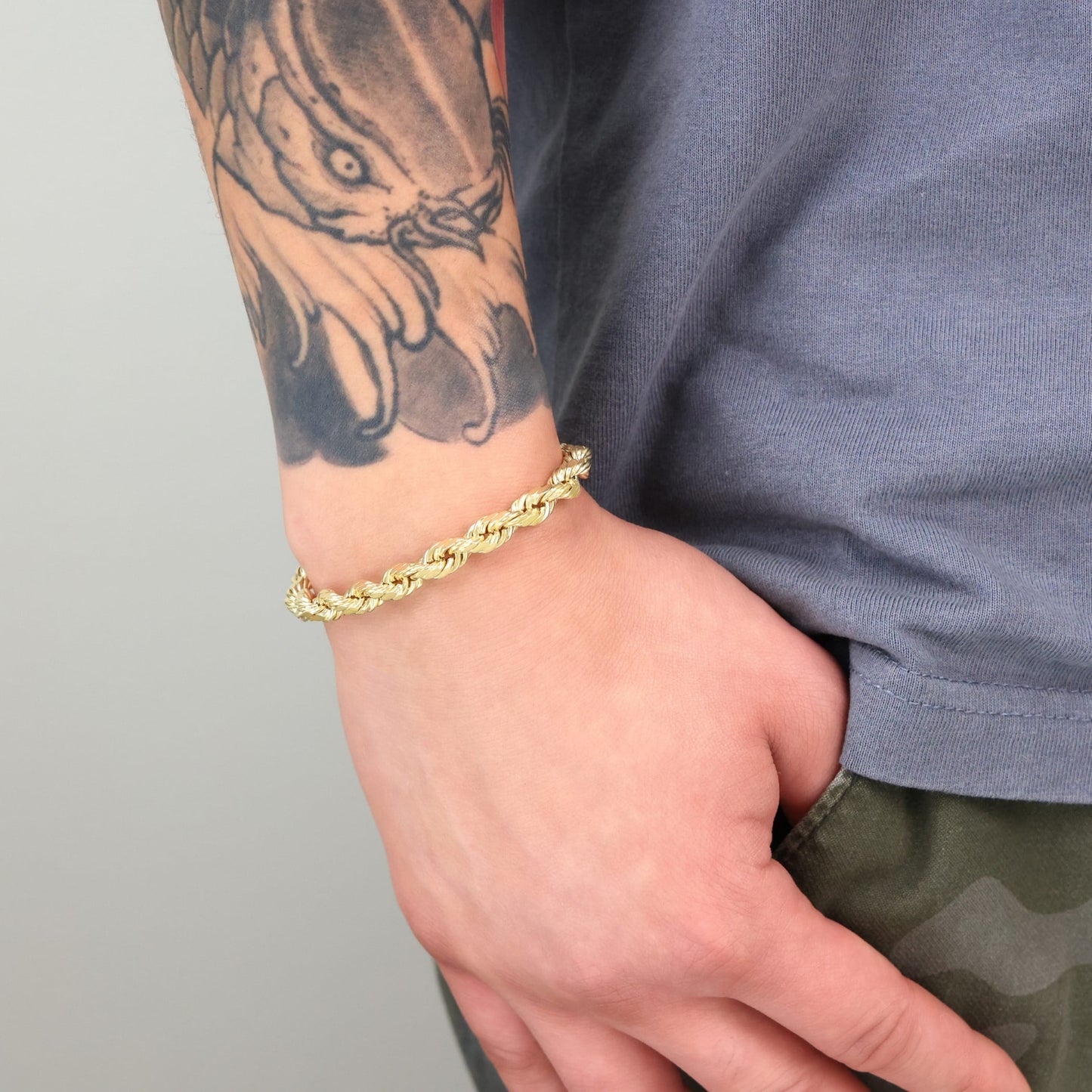 14K Yellow Gold 7Mm Rope Chain Diamond Cut Bracelet (7.5"-9") Italian Jewelry for Men