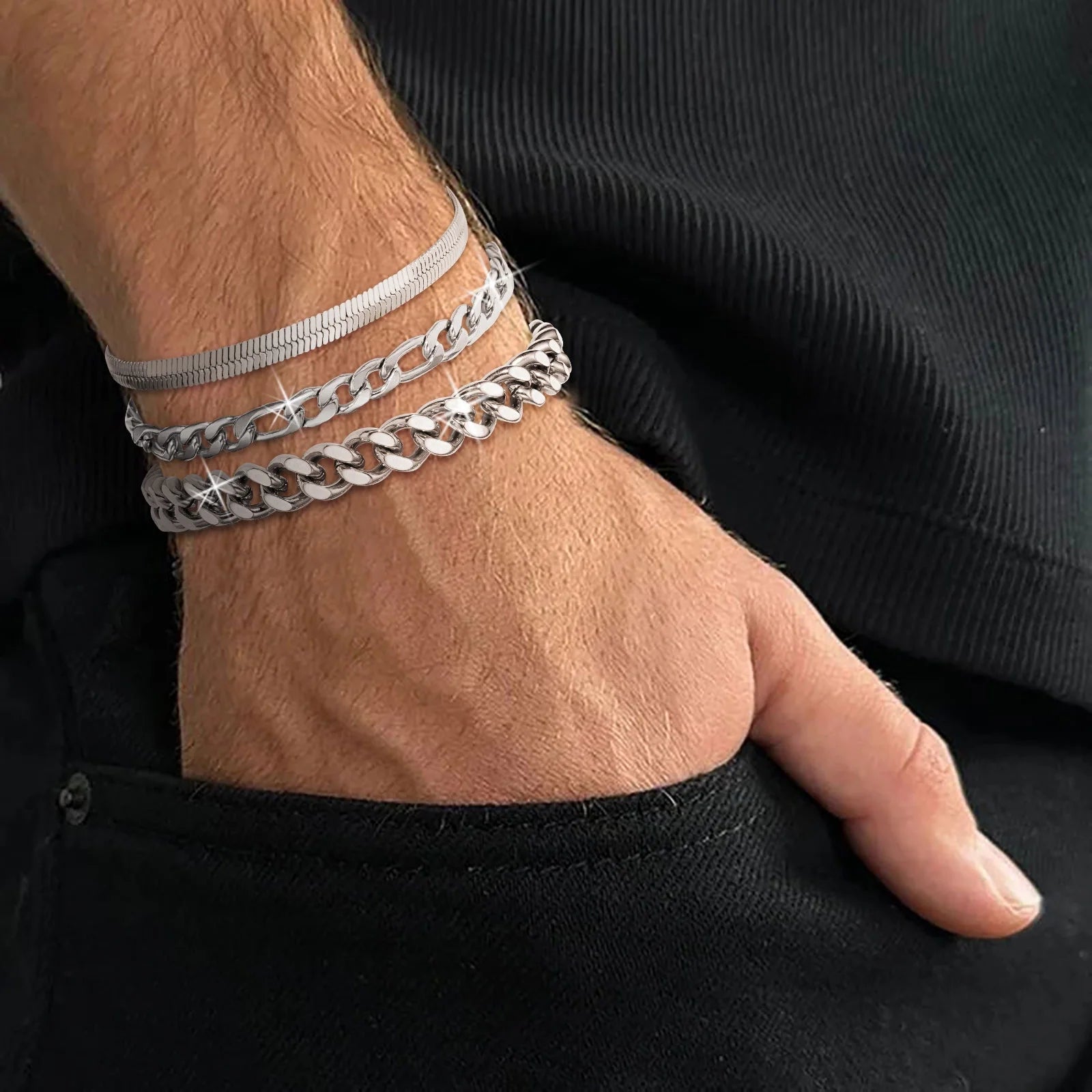 3 Pcs Sterling Silver Bracelets for Men Women Boys,Charm Bracelet Cuban Link Curb Figaro Herringbone Chain Bracelets Set Jewelry Birthday Gifts Ideas Teen Dad Husband Male 6.5/7/7.5/8.3/9 Inch