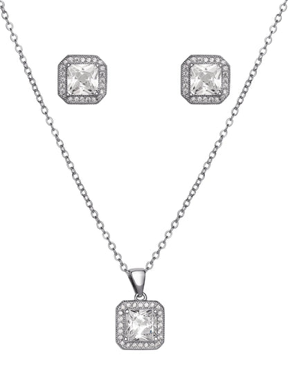 Women'S Square Cubic, Earrings and Pendant Set, Brass and Silver-Plated Chain