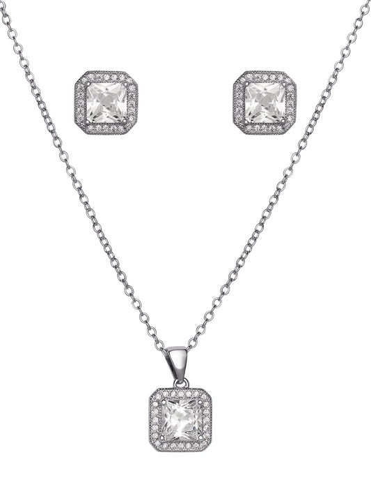 Women'S Square Cubic, Earrings and Pendant Set, Brass and Silver-Plated Chain