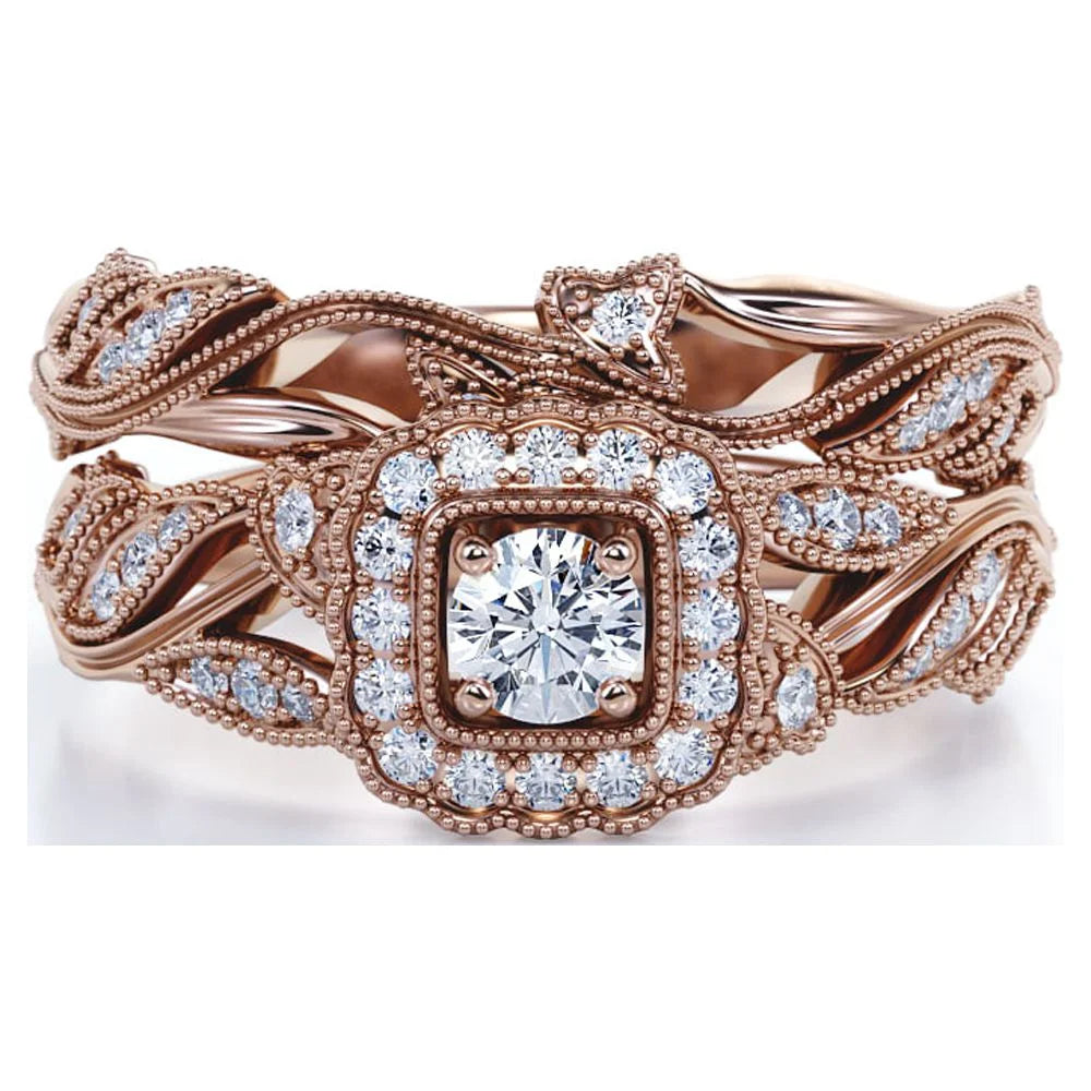 round Diamond - Edwardian Diamond Filigree Ring - Art Deco Style - Wedding Ring Set in 10K Rose Gold