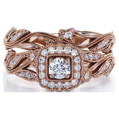 round Diamond - Edwardian Diamond Filigree Ring - Art Deco Style - Wedding Ring Set in 10K Rose Gold