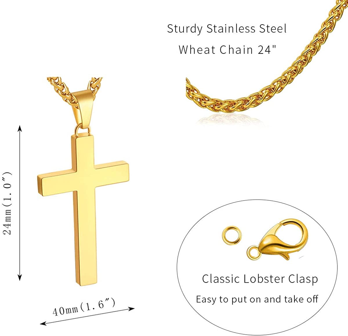 Gold Cross Necklaces for Men Stainless Steel Cross Pendant Chain Catholic Religious Christian Birthday Jewelry Gifts Ideas Dad Husband Son Tween Preteen Boyfriend Teen Teenage Age