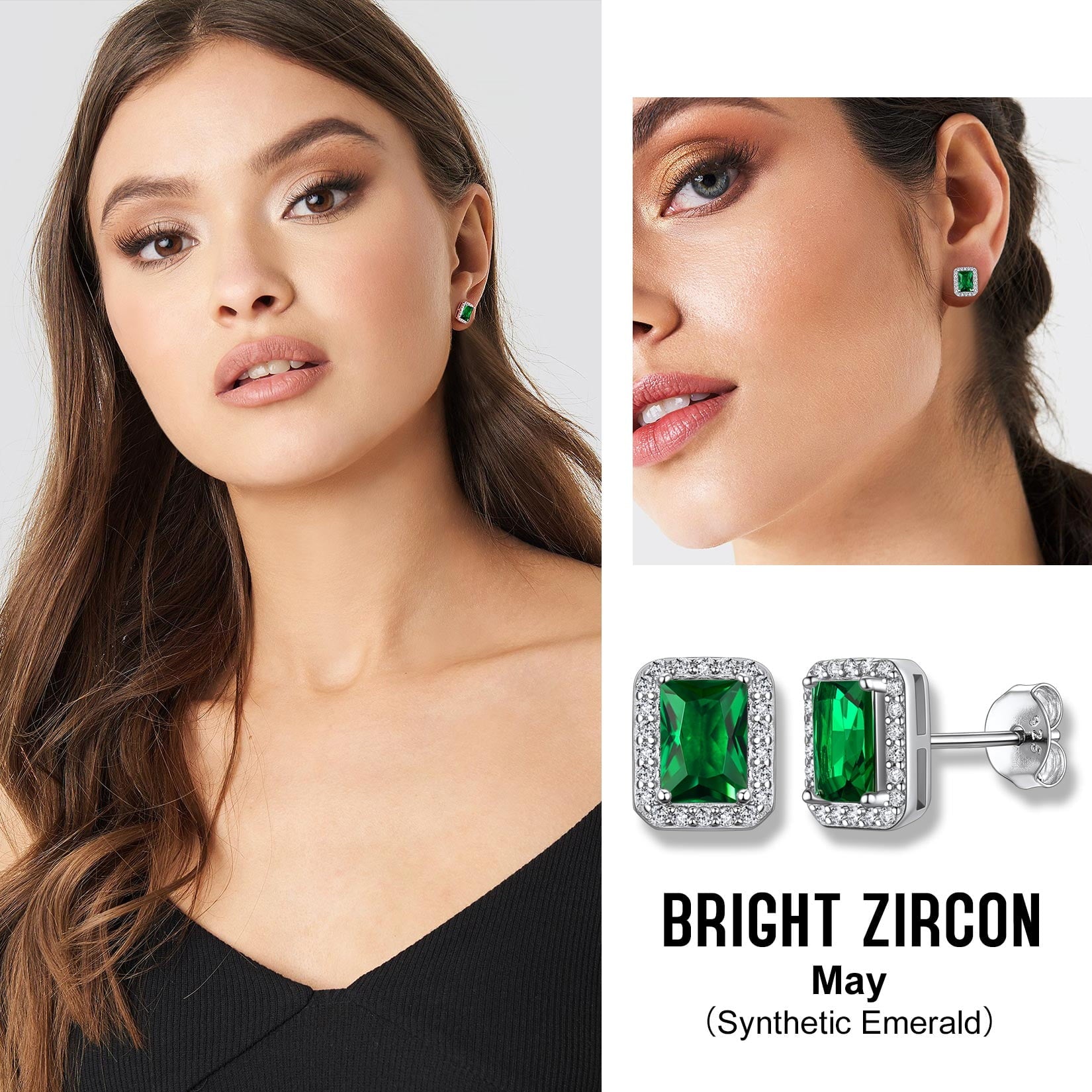 Square Diamond Stud Earrings May Emerald Birthstone Earrings, Sterling Silver Earrings Birthday Jewelry Gift for Women