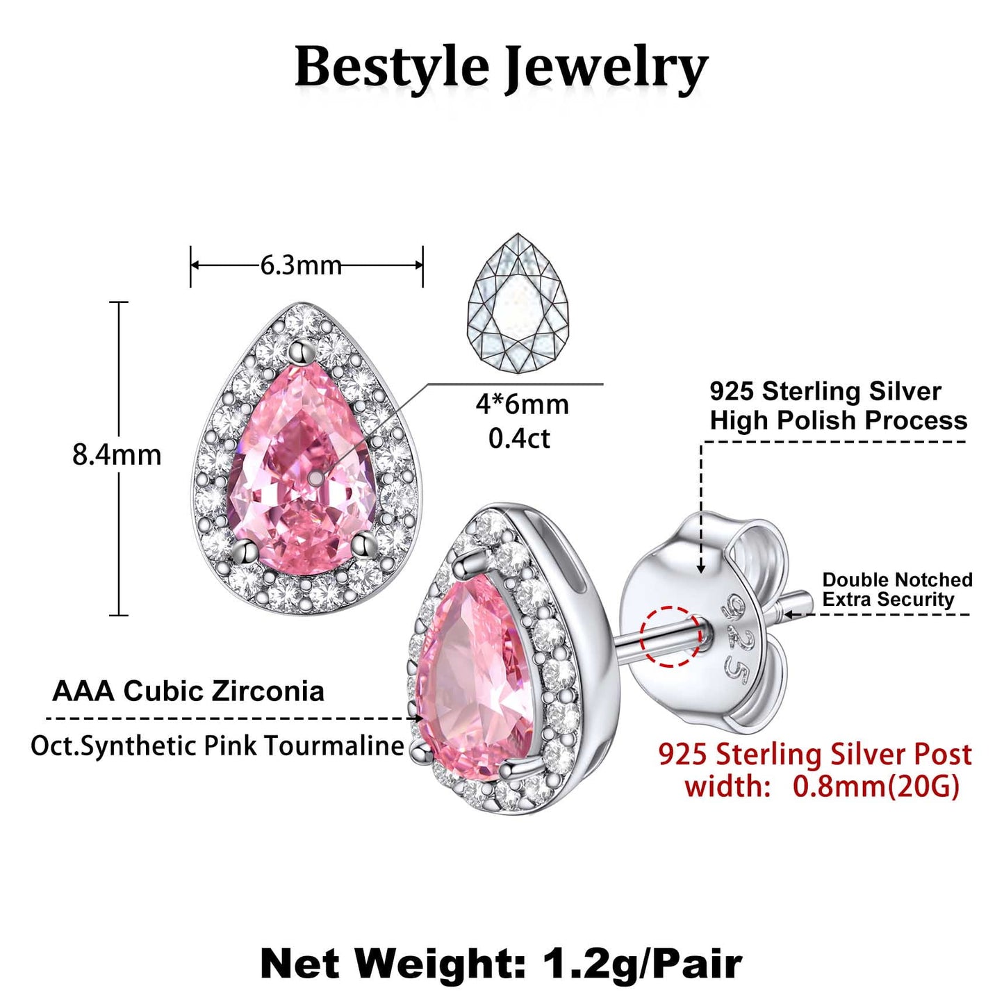 925 Sterling Silver Birthstone Stud Earrings for Women, Sparking October Teardrop Cut Diamond Earrings for Sensitive Ears