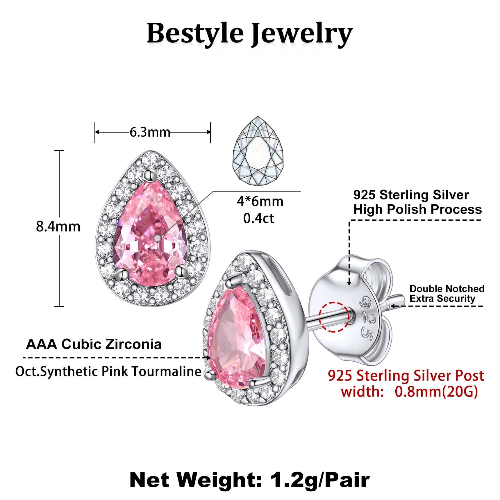 925 Sterling Silver Birthstone Stud Earrings for Women, Sparking October Teardrop Cut Diamond Earrings for Sensitive Ears