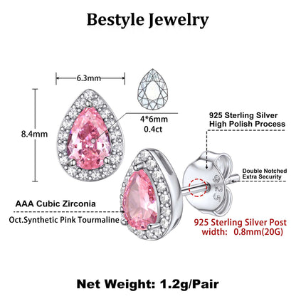 925 Sterling Silver Birthstone Stud Earrings for Women, Sparking October Teardrop Cut Diamond Earrings for Sensitive Ears