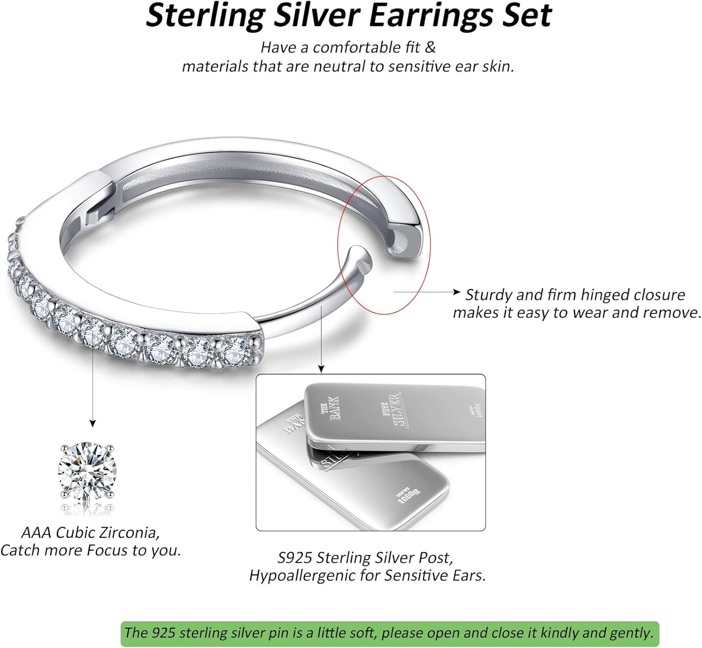Silver Huggie Hoop Earrings for Women, 3 Pairs Tiny Hypoallergenic Sterling Silver Cartilage Hoops | 14K Gold Small Cubic Zirconia Cuff Earrings Mini Piercing Jewelry (6/8/10/12Mm)