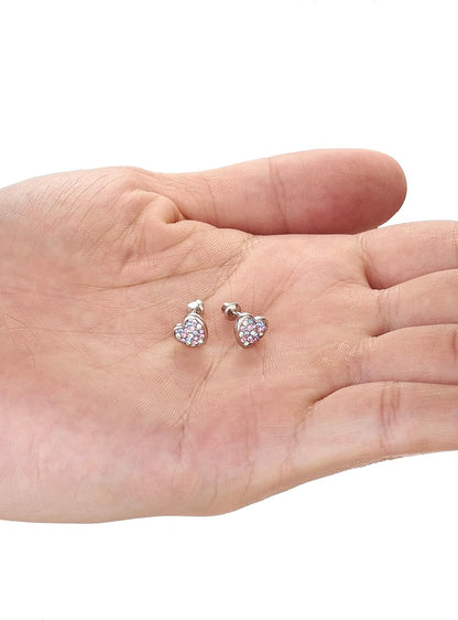 Girls Screwback Pink Earrings, Heart Cubic Zirconia, Pink Screw Back Earrings for Girls with Stainless Steel Post (Multicolor)